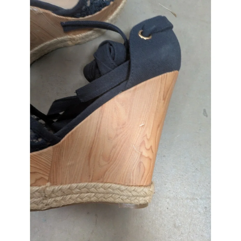 ShoeDazzle Wedge Sandals Women 7.5 Navy Blue Lace Up Espadrille Heel
